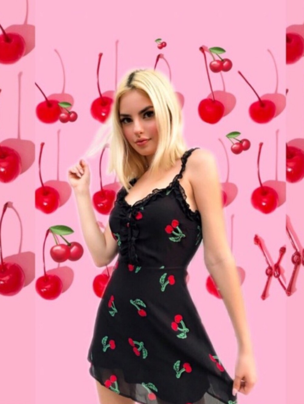 $218 For Love And Lemons Silk Blend Black Cherry Print Mini Dress